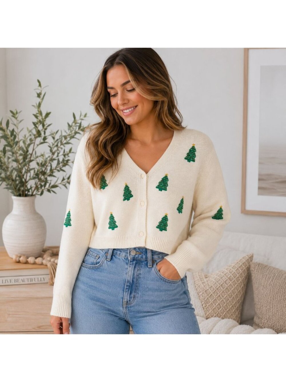 Francesca's Christmas Tree Cardigan Cropped Holiday Sweater Cute Festive Knit L